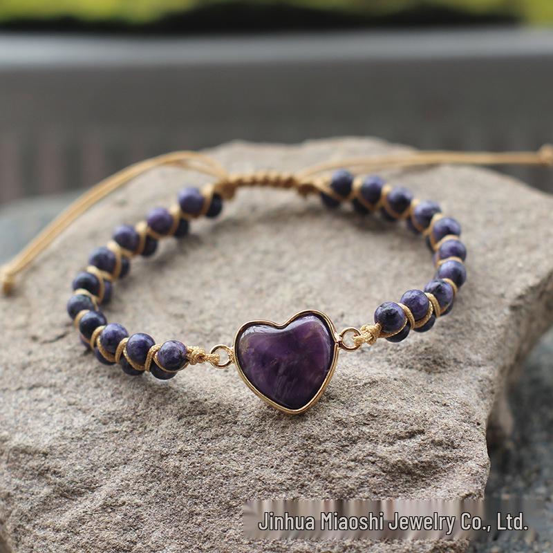 Bohemian Red Heart-Shaped Redwood Stone Double-Layer Woven Women's Bracelet