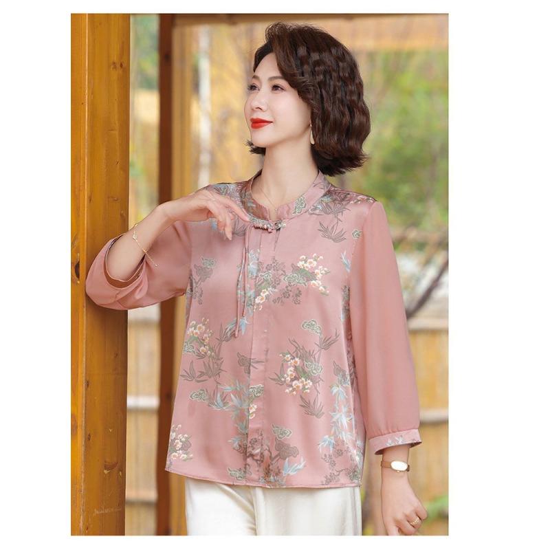 Chinesischer Stil Stehkragen Bluse Damen Blumenmuster Halbarm Chiffon Elegantes Oberteil