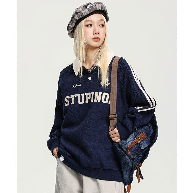 Unisex Poloshirt Langarm Lockerer Schnitt Buchstabendruck Waffelstruktur Streifen Raglan Sweatshirt