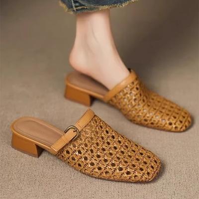 Fashion Summer 2025 New Retro Woven Breathable Cutout Semi-Slip Casual Shoes Block Heel Women's Shoes