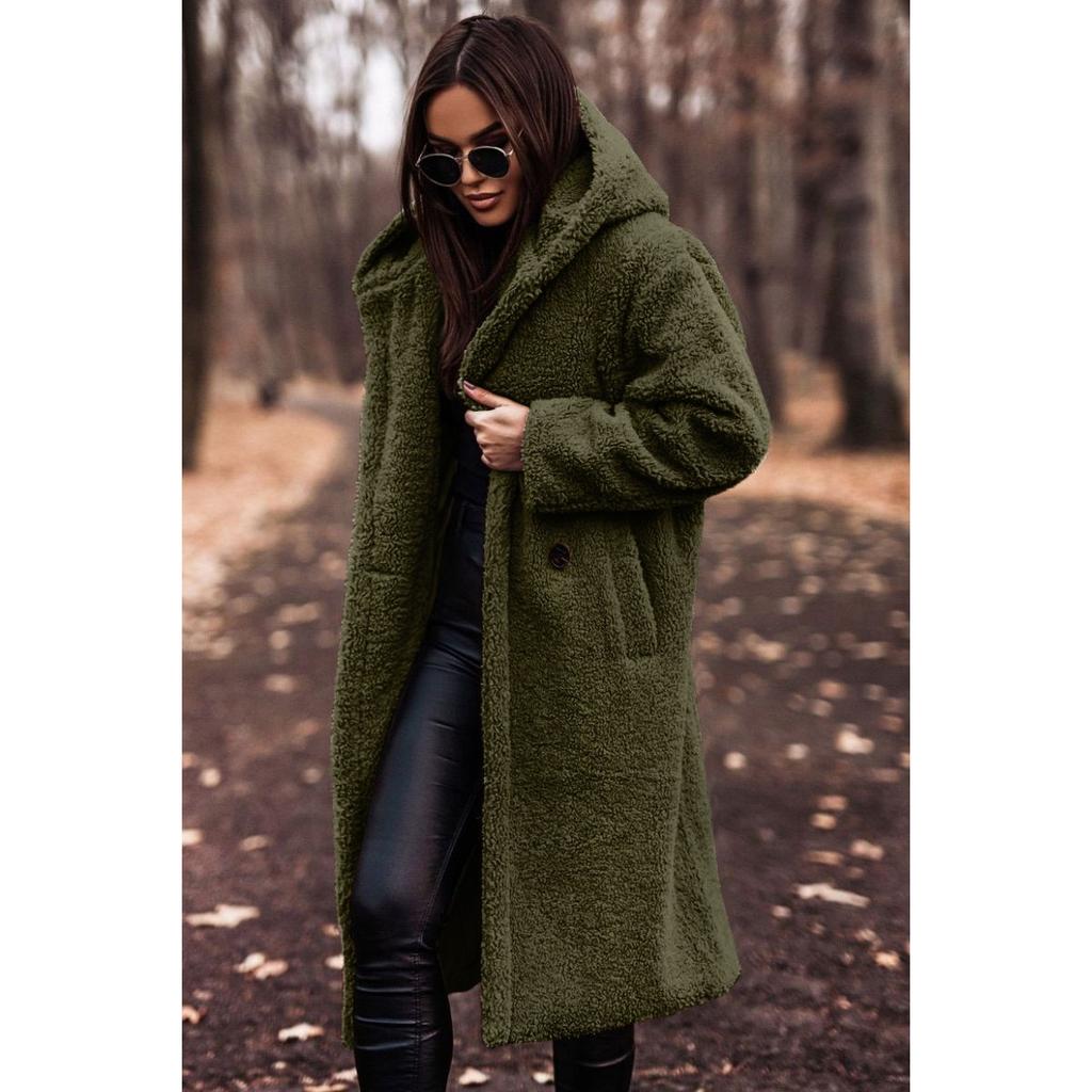 Damen Kapuzen Langarm Teddy Mantel Lockerer Schnitt Alpaka Fleece Tasche Winter Freizeit Übermantel
