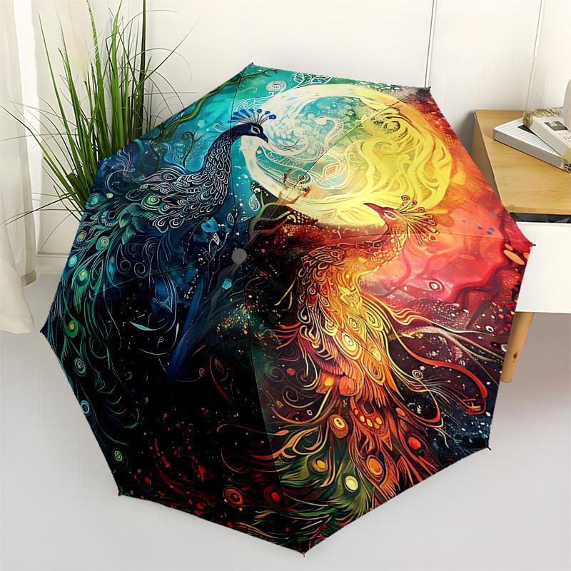1pc Colorful Peacock Design Automatic Opening/Closing Umbrella, Portable Folding Design with Iron Frame, Outdoor, Gift for Fans, Travelers, Daily Use.