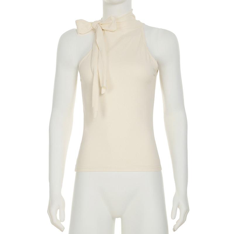 Solid Bow Knot Halter Women Sleeveless Skinny Tank High Street Style Fashion Simple Design