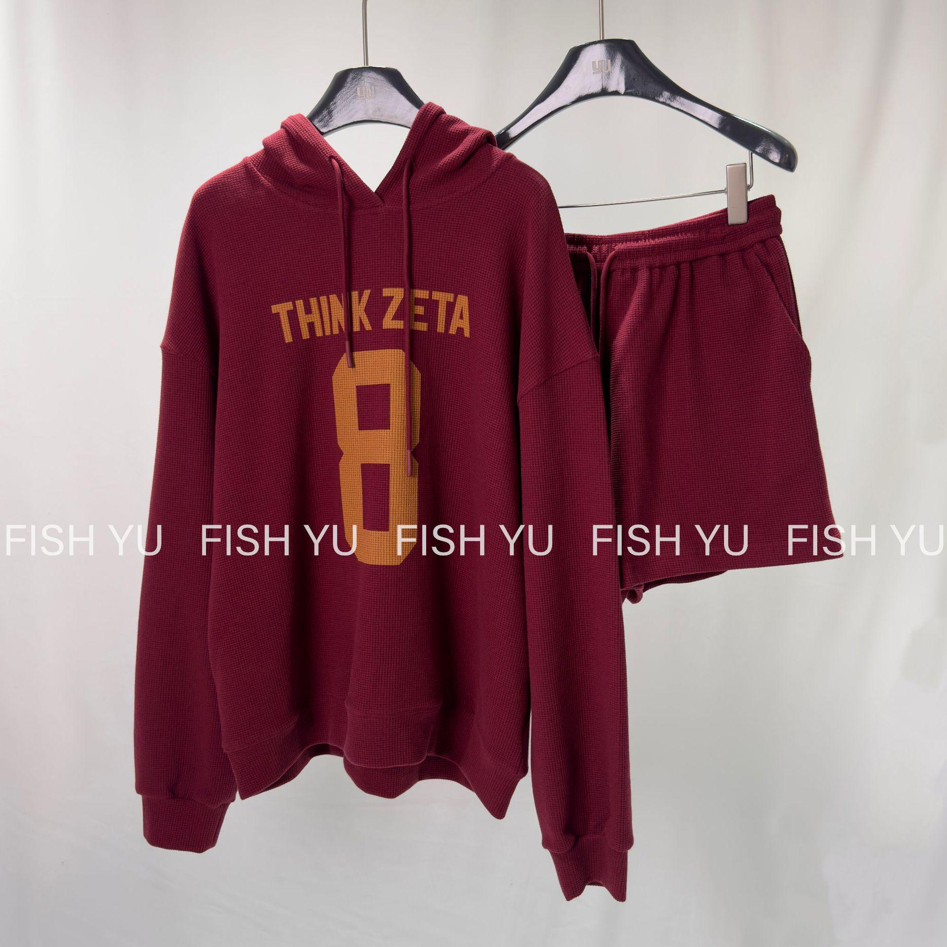 

FISHYU Худи с принтом из 8 букв и шорты с эластичной талией для женщин, комплект для ранней осени M красный