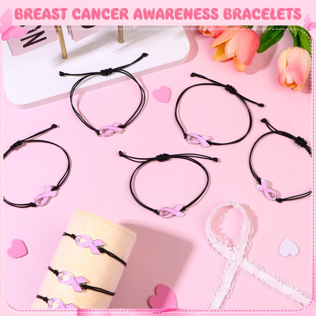 24 Pcs Breast Cancer Awareness Bracelets For Women, Pink Ribbon Bracelets, Adjustable Cord And Braided Ribbon, Chest Accessories