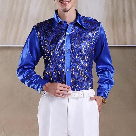 Herren Luxus Paillettenhemd Figurbetontes formelles Hemd für Hochzeit Einreihiges Hemd mit langen Ärmeln Revers