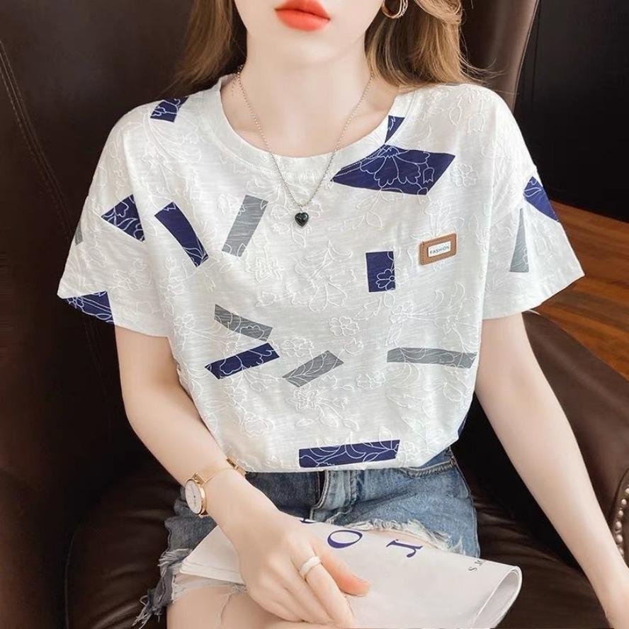 Women's Fashion Casual Summer Spring Geometric Print Short Sleeve O-Neck Blouses & Shirts