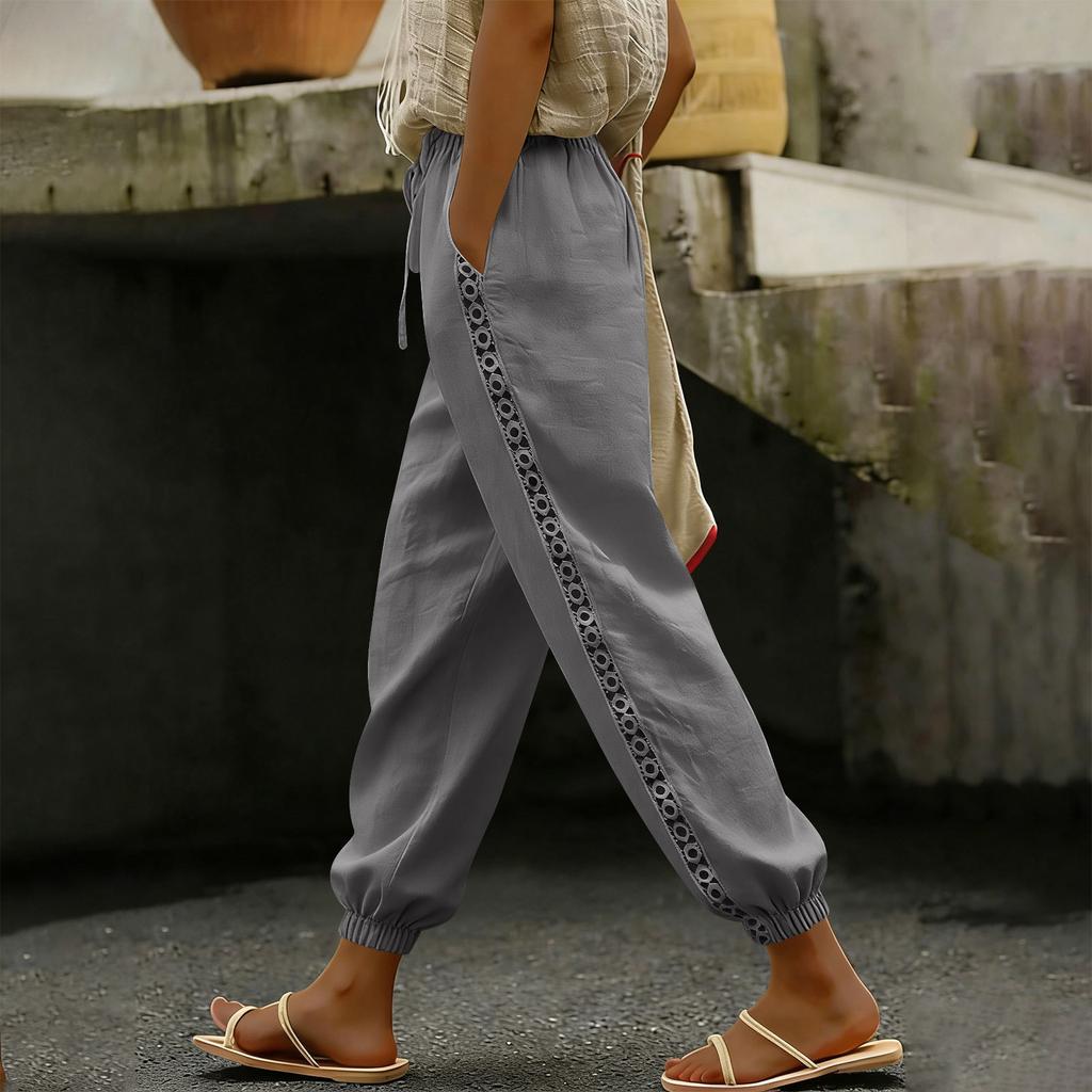 Women's Fashion Color Elastic Waist Drawstring Pocket Side Lace Small Legs Loose Casual Pants