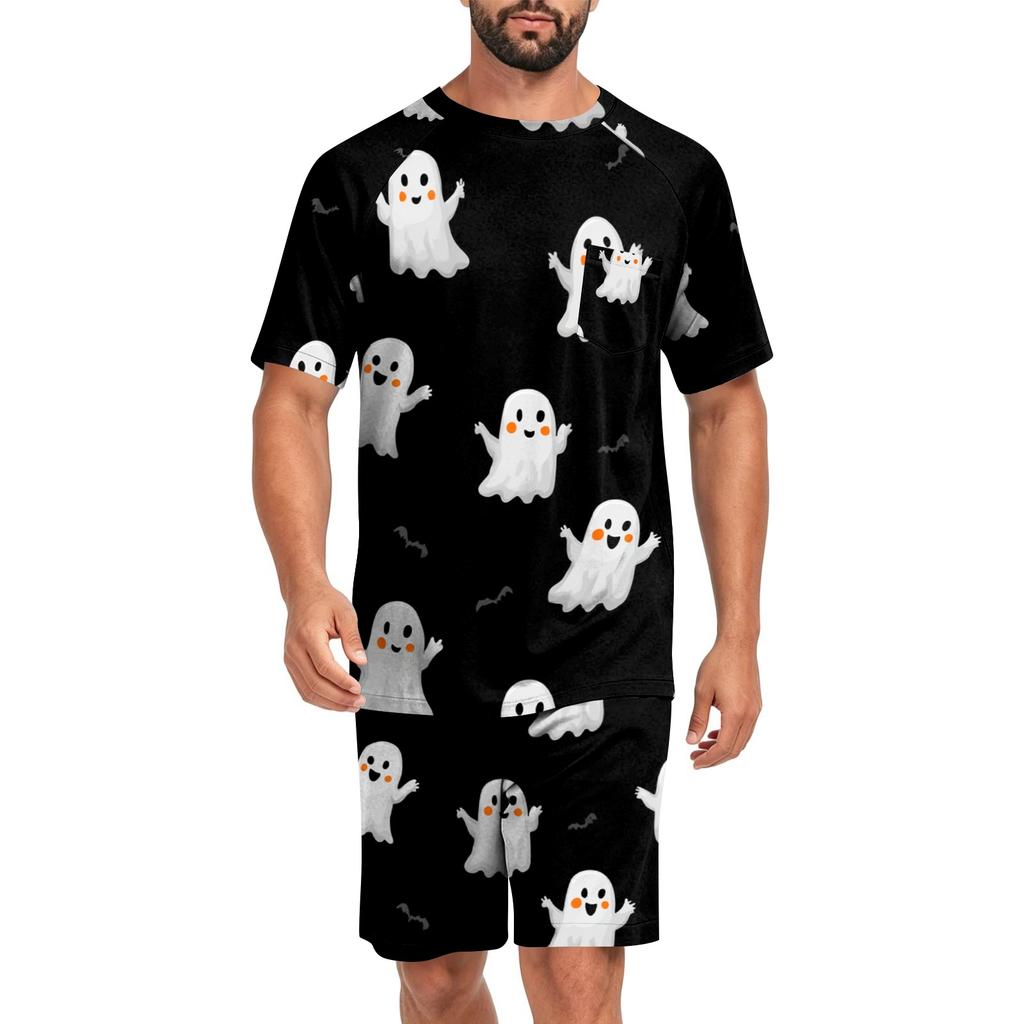Men's Halloween Casual Pajama Set Short Sleeve Top and Shorts Comfortable Lightweight Sleepwear Set with Pumpkin and Bat Print for Home Use