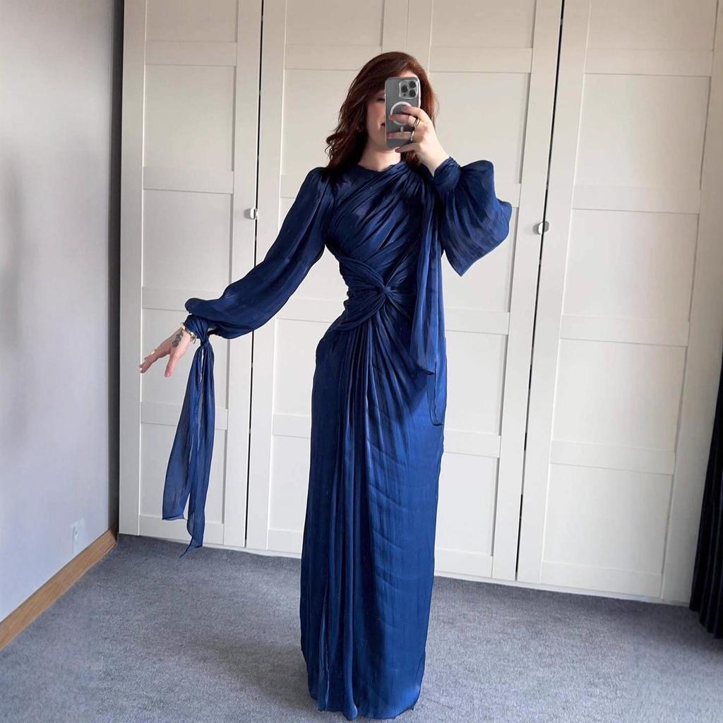European & American Women's 2025 Summer Satin High-Waist Pleated Tie-Waist Hip-Wrap Dress