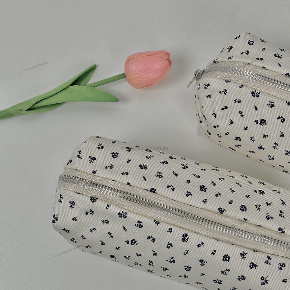 INS Floral Print Pen Bag Simple Cute Pencil Case Large Capacity Multifunctional Canvas Pen Box Desktop Stationery Organizer