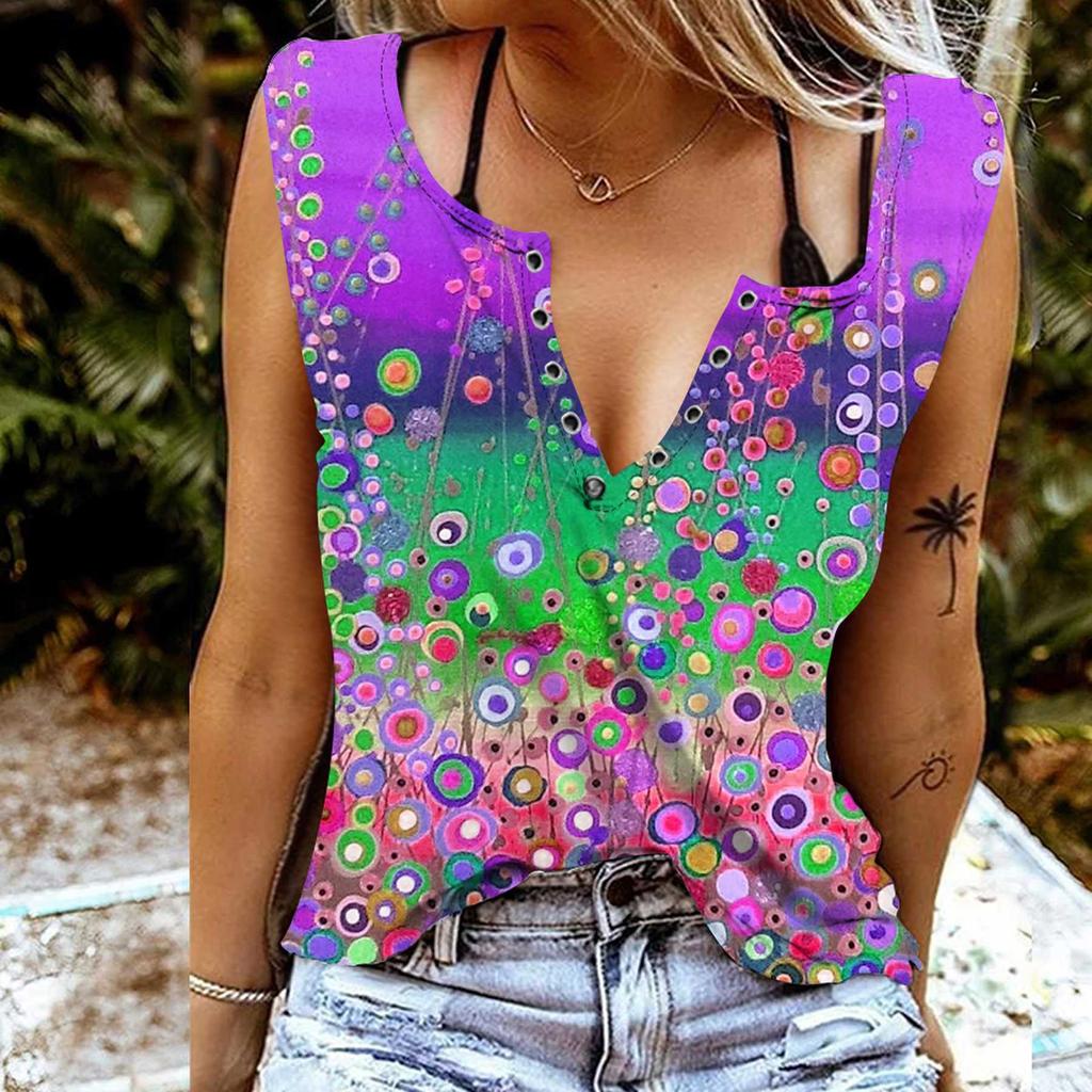 Women Tanks Sexy V Neck Sleeveless Summer Tops Vest 3D Colored Dots Print Cool Lightweight Tops
