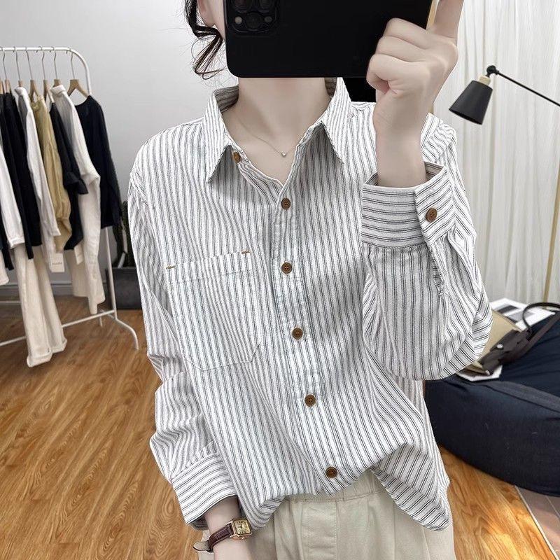 Long-sleeved Korean version of striped shirt, loose spring and autumn thin shirt, stacked with a base, wearing a versatile top for women