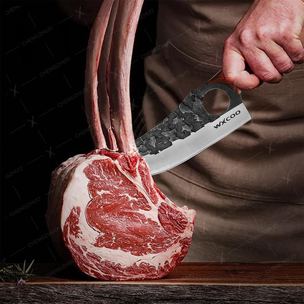 Professionelles Metzgermesser Geschmiedetes Ausbeinmesser Edelstahl Hackbeil Küchenchefmesser Fleisch Fisch Obst Messer mit Abdeckung