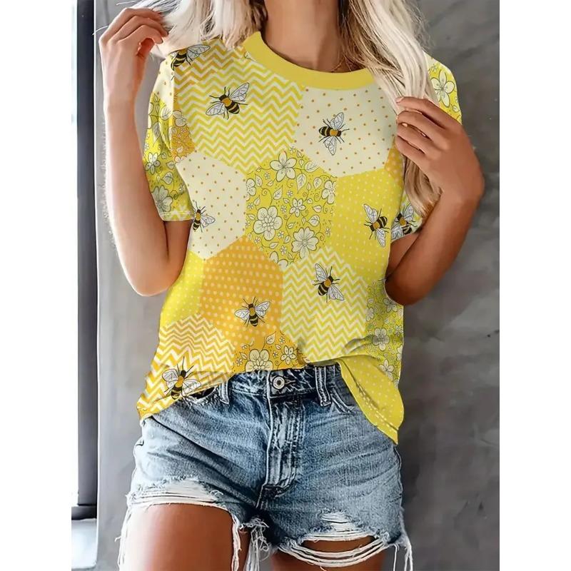 Summer Round Neck 3D bee Pattern Print Top Fashionable Casual Short Sleeved Women's T-shirts