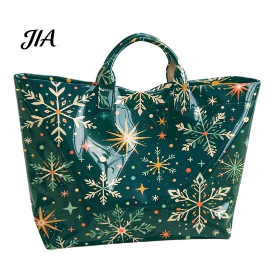 Reinforced Handle Carrying Bag Christmas PVC Tote Bag, Large Waterproof Shoulder Santa Deer Tree Stylish Holiday Gift Print, Reusable Grocery