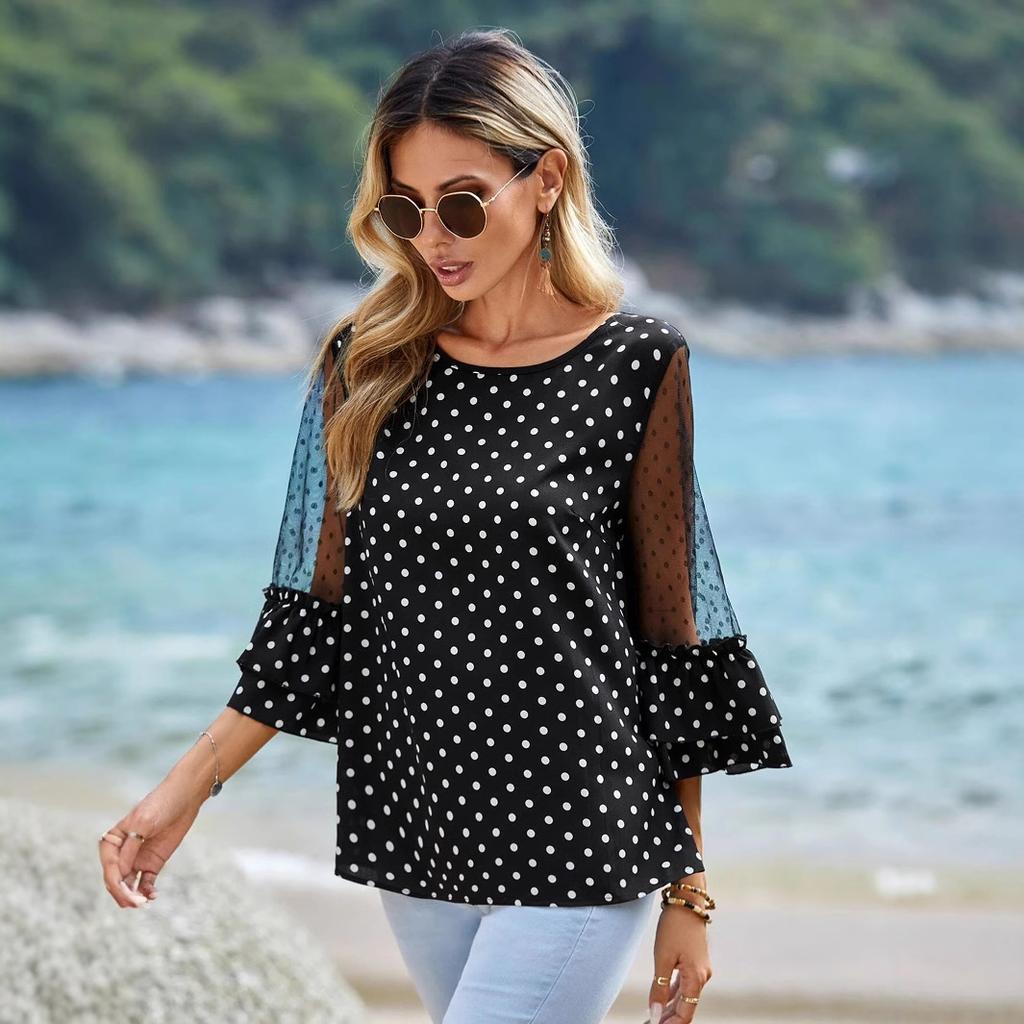 Women Summer Short Sleeve Flare Sleeve Dot Printed Pullover T Shirt Blouse Top