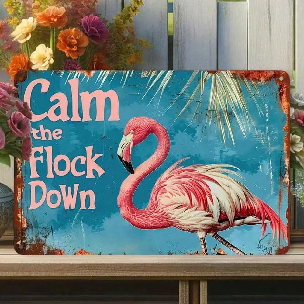 Gofsun Funny Flamingo Metal Sign Retro Wall Art Calm The Flock Down Decor 8x12 Inches 20x30