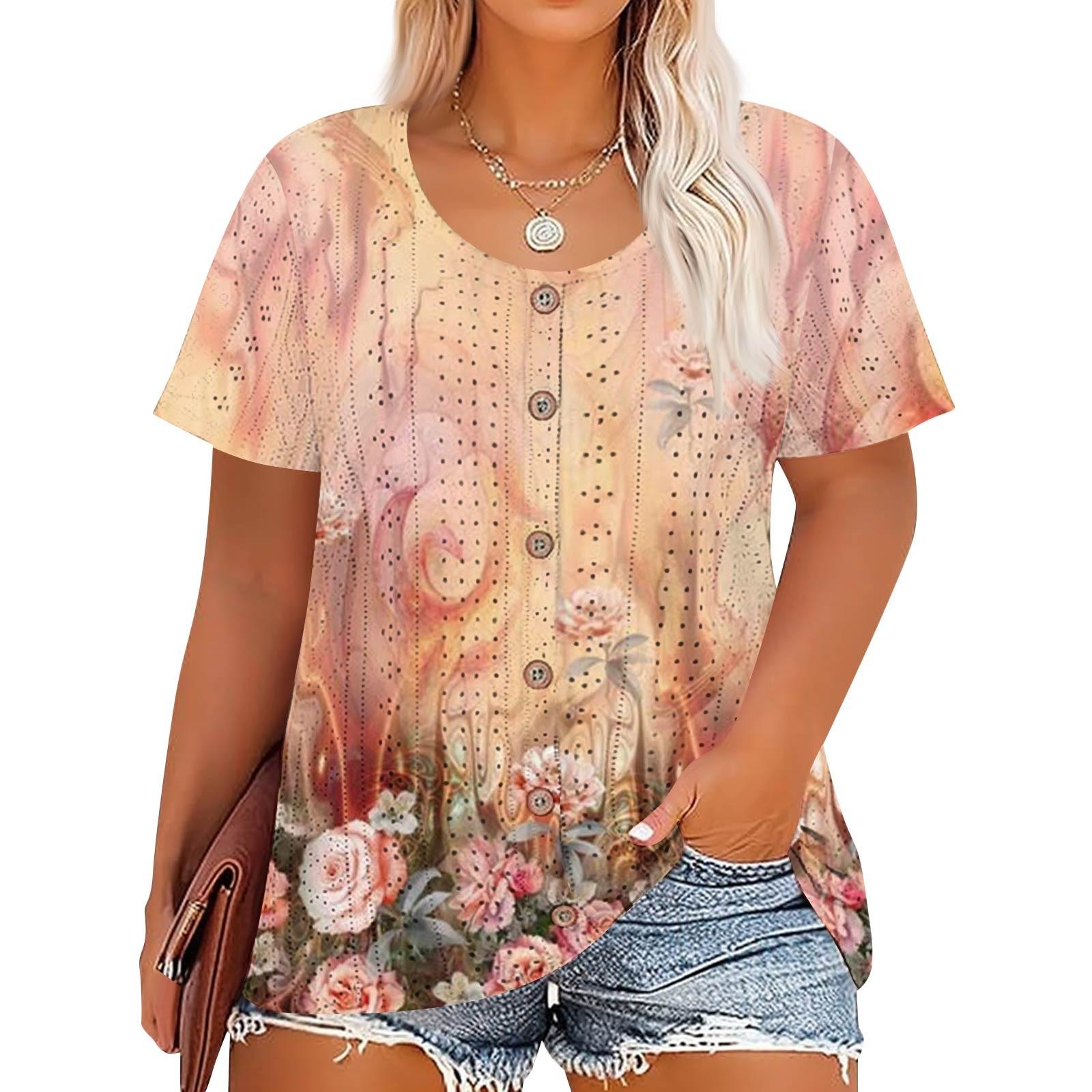 

Женская мода больших размеров Повседневный винтажный топ-футболка с принтом, круглым вырезом, коротким рукавом и пуговицами XXL