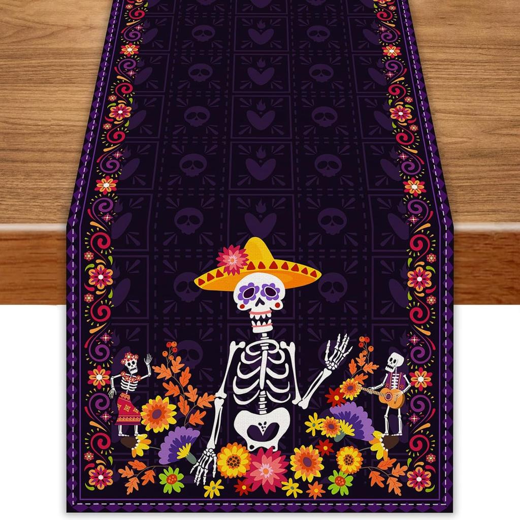 Day of The Dead Table Runner Dia De Los Muertos Tablecloth Mexican Halloween Sugar Skull Home Kitchen Dining Table Decorations 13x72 Inch