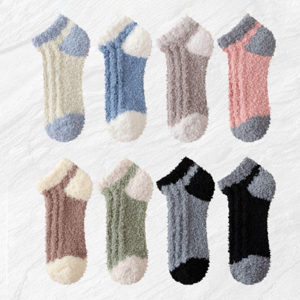 3Pairs Patchwork Floor Plush Socks Winter Warm Boat Socks Women Coral Fleece Socks For Female Men