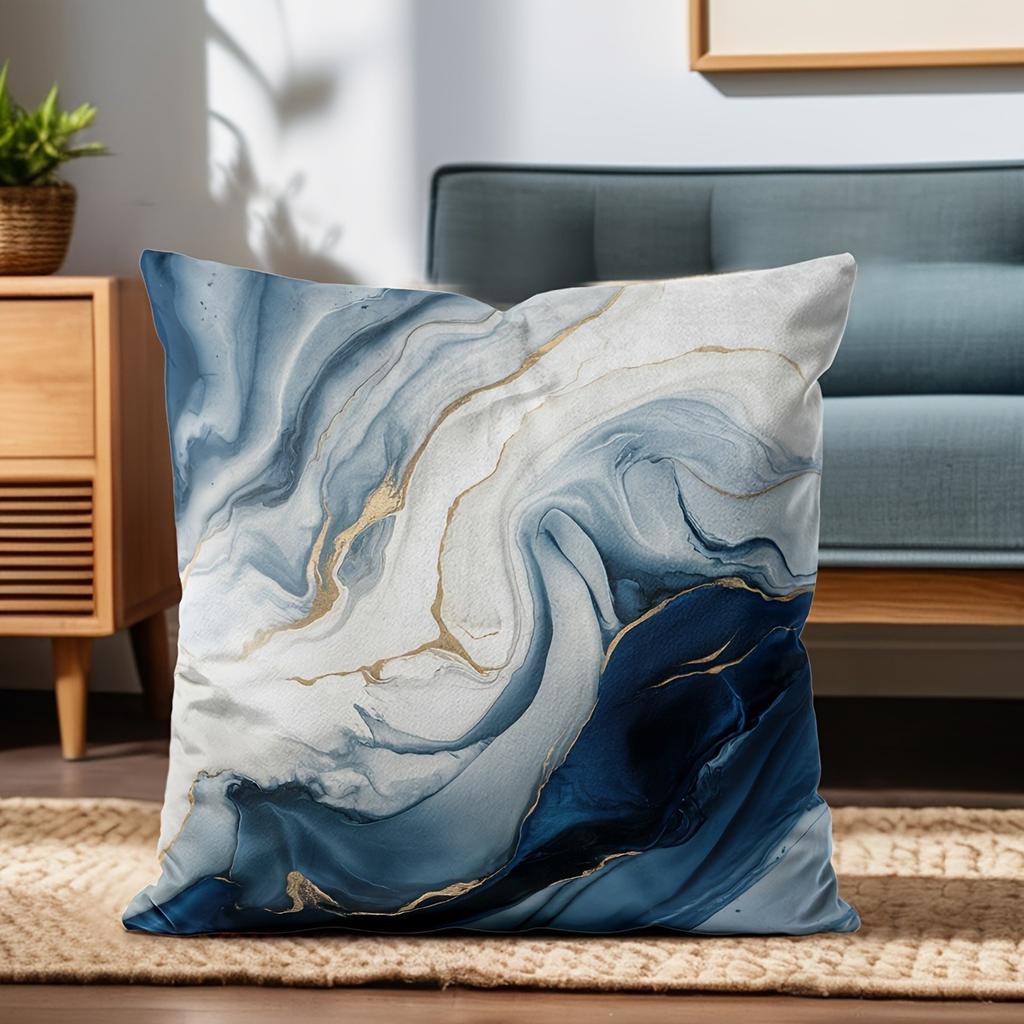 4pcs Blue Marble Pillow Covers 45x45cm Abstract Fluid Art with Gold Veins On White Base for Sofa Bed Decor Cotton Blend
