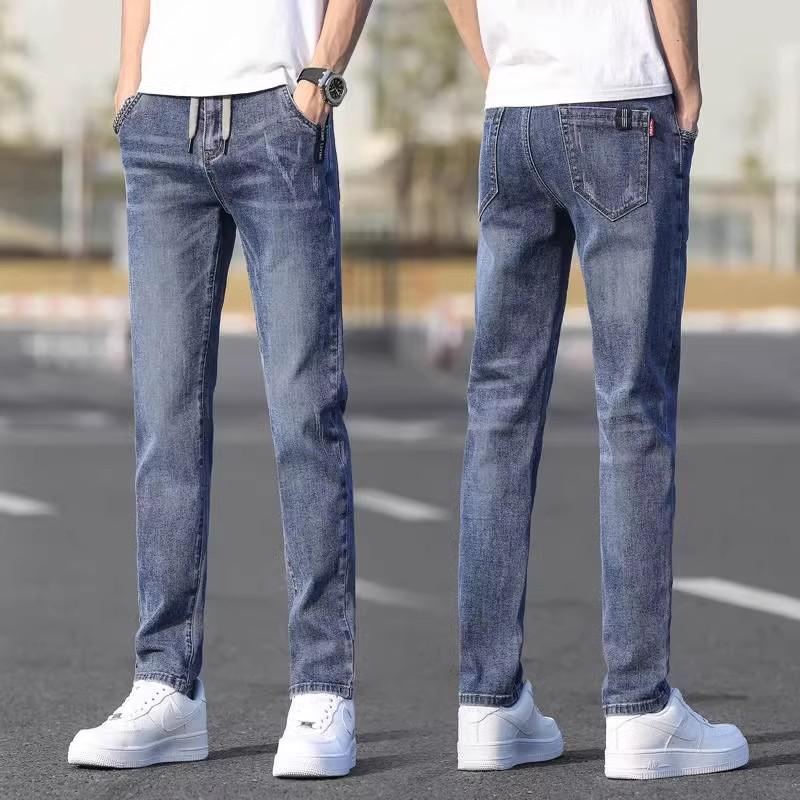 Men's Slim Straight Jeans Elastic Waist Drawstring Trendy Skinny Pants Stretchy Fashionable Durable Long Pants