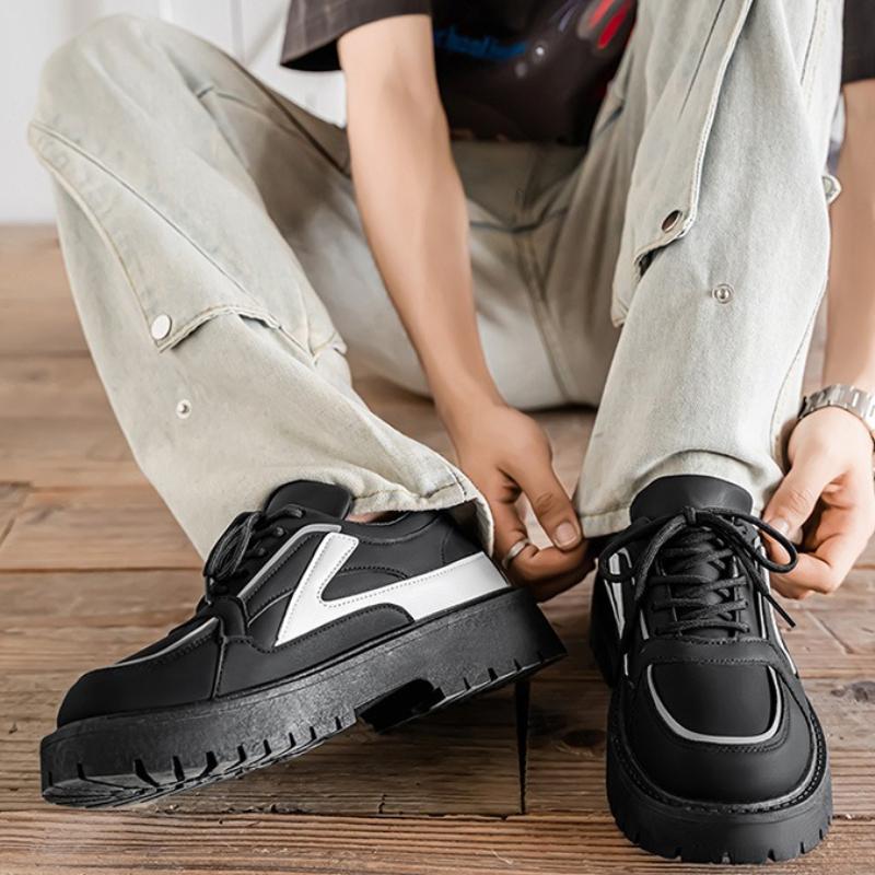 Fashion Black Men's Platform Shoes Niche Design Retro Casual Sneakers Trendy All-match Height-increasing Vulcanized Shoes 2025