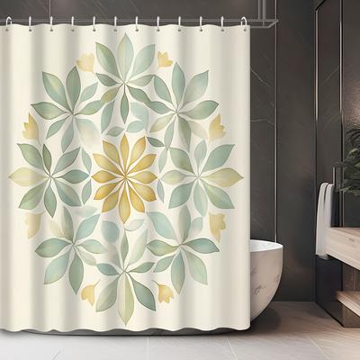 Autumn Modern Abstract Plant Mandala Shower Curtain - 12 Hooks, Leaf Pattern, Bath Decor