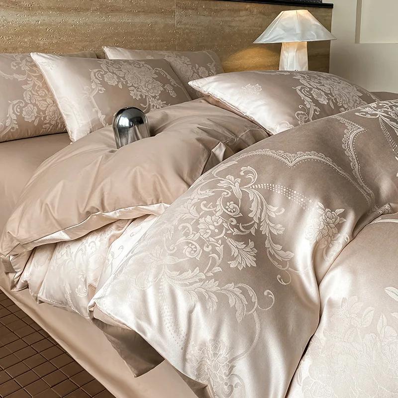 Light Luxury Satin Jacquard Solid Fitted Sheet Sets Pure Cotton Skin-Friendly Soft Quilt Cover 1.5/1.8M Bed Bedding for Adults