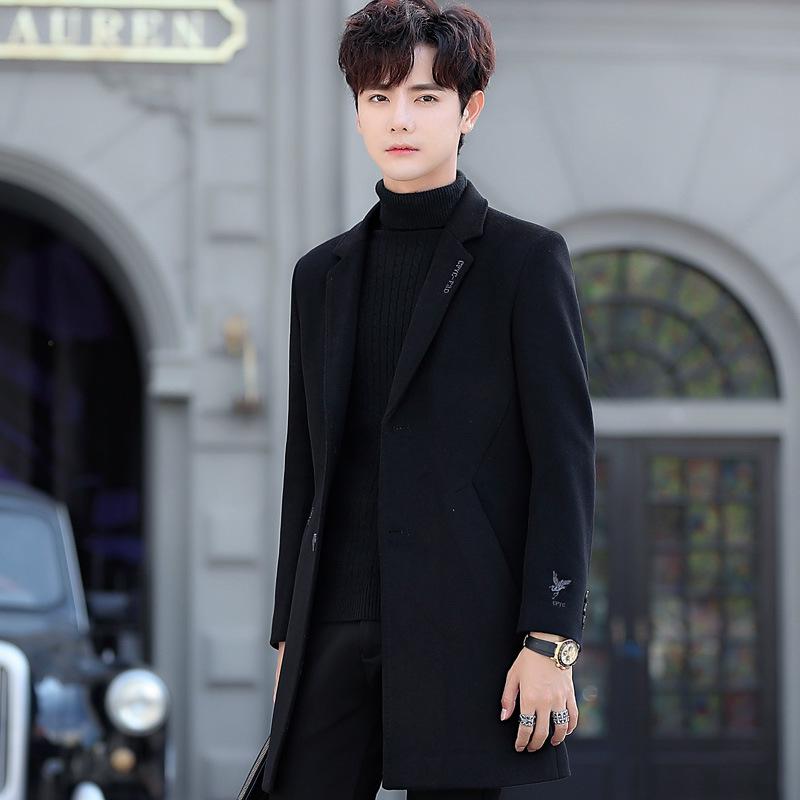 Men's Mid-Length Korean Style Woolen Coat with Velvet Lining - Winter Windbreaker, British Style Jacket for Youth