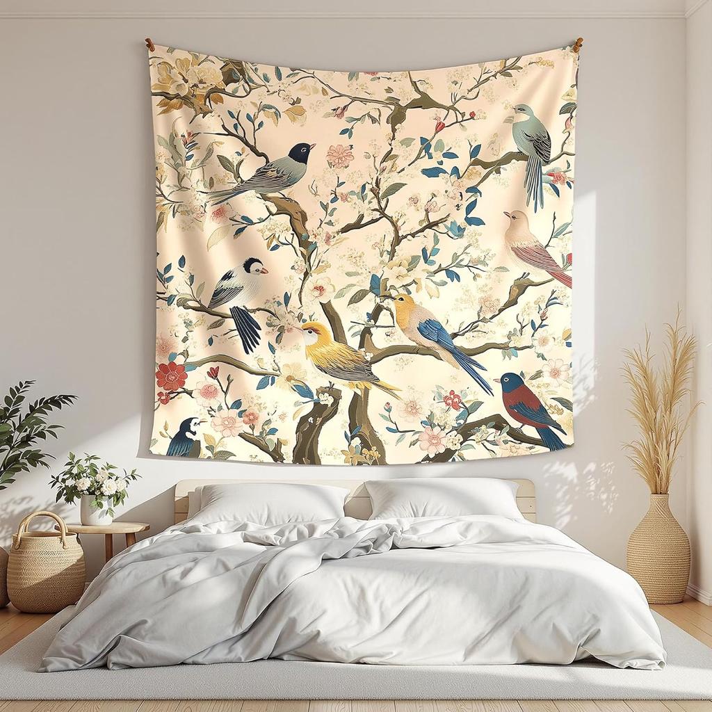 Vintage Chinoiserie Tapestry Birds And Flowers, Asian Art Aesthetic Wall Hanging, Cottagecore Nature Decor For Bedroom, Living