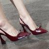 Wine Red High Heels Women's 2025 New Style Rhinestone Butterfly Knot Pointed Toe Versatile Hollow Head Sandals PU Leather Rubber