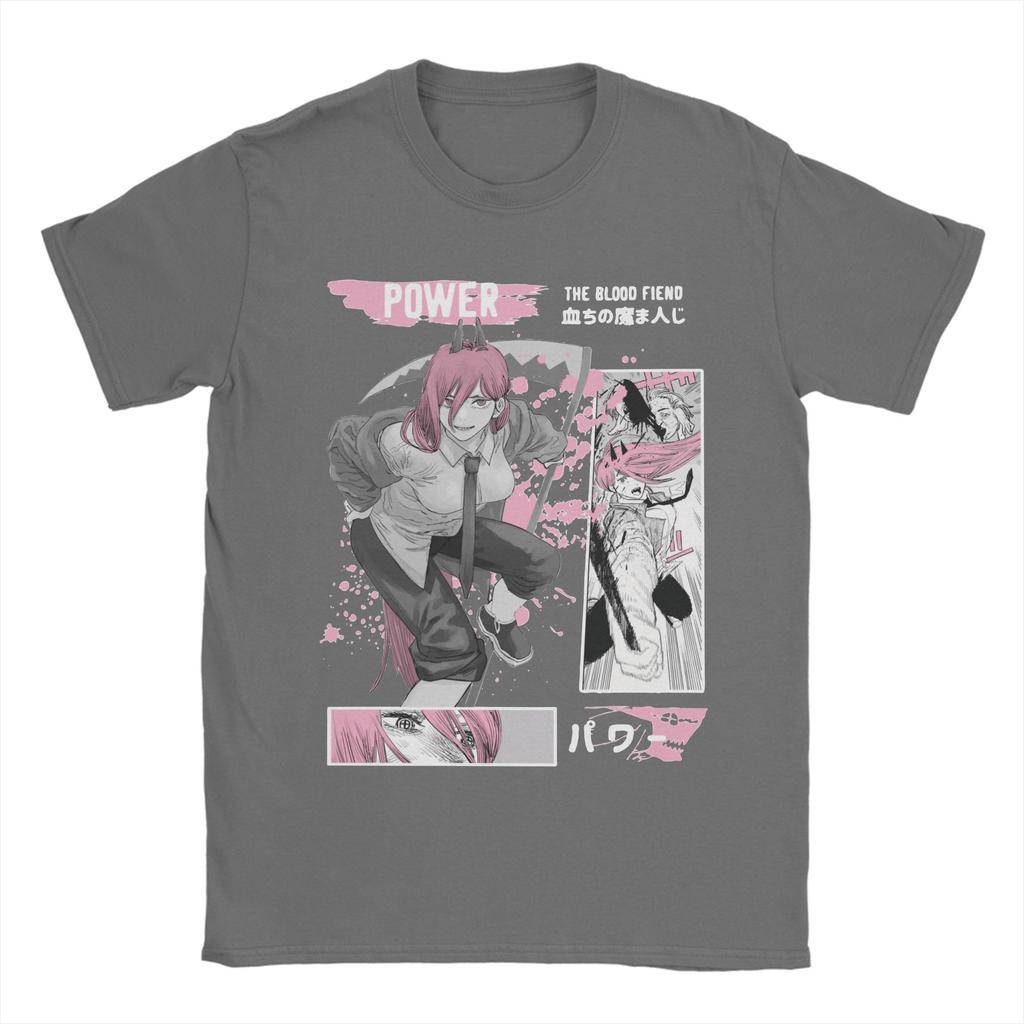 Novelty Power Chainsaw Man T-Shirt for Men O Neck Pure Cotton T Shirts Anime Manga Short Sleeve Tees Plus Size Tops