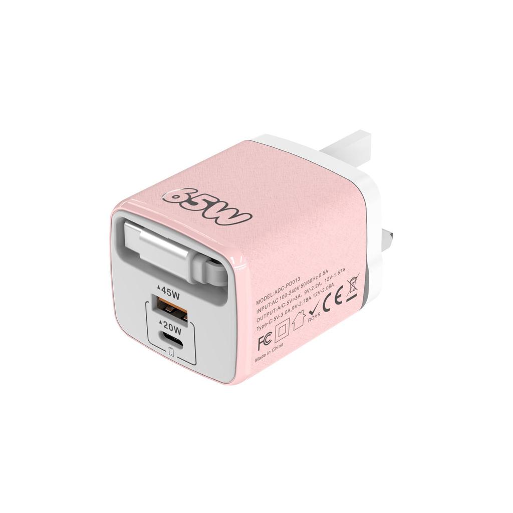 65W GaN Fast Charger with USB, PD, Type-C Retractable Cable, Multi-Port EU/UK Plug.