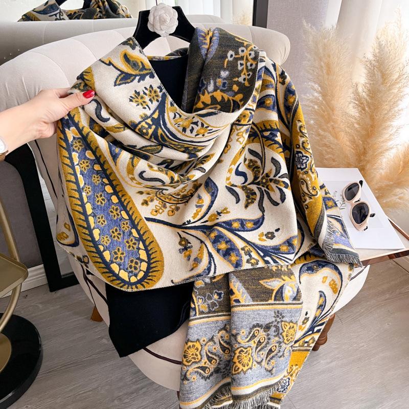 Ethnic Printed Faux Cashmere Scarf Winter Warm Thick Shawl For Women