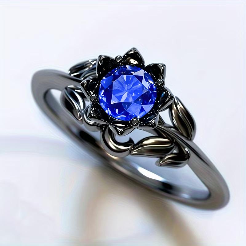 Blumenförmiger Gunmetal-Ring mit Zirkonia-Inlay für Damen