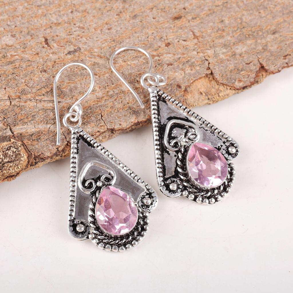 Morganite øredobber, håndlaget edelsten 925 solid sterling sølv øredobber Antikke smykker, for forlovelsesgave