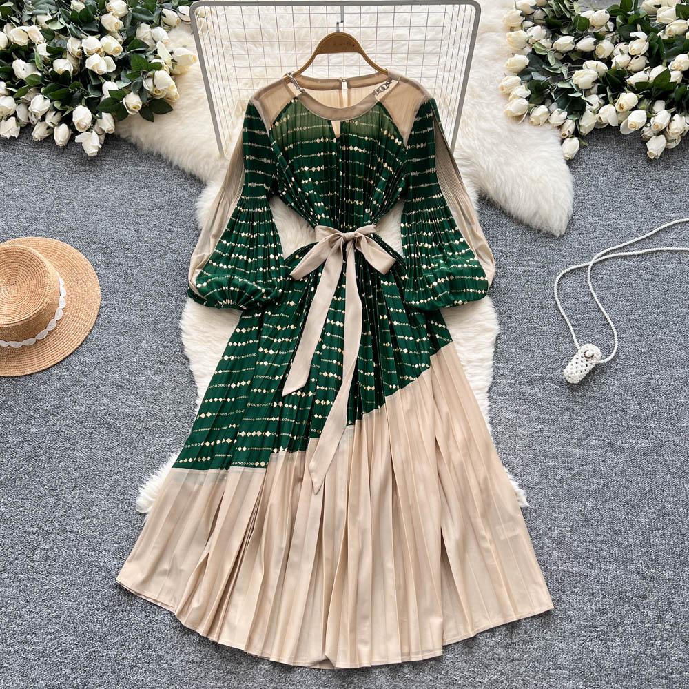 Vintage Elegant Spliced print slim Dress Korean Fashion Long dress hotsweet Women Fashion Dresses