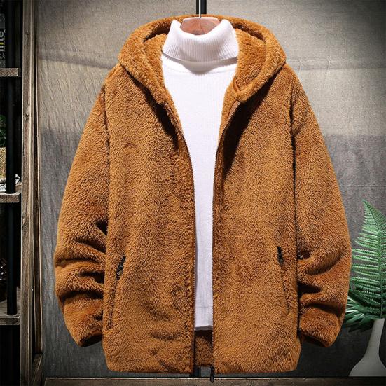 Men Winter Coat Plush Zipper Hooded Solid Color Soft Cold-proof Thicken Plus Size Autumn Coat for Outdoor
