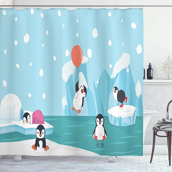 

Арктическая страна чудес занавеска для душа: Пингвины и ледники в игривом животном принте, тканевый декор для ванной