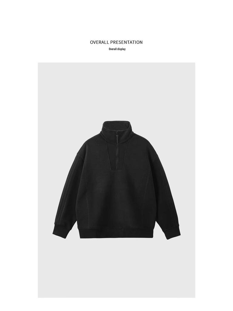 Hong Kong Style Solid Color Fleece Half-Zip Polo Shirt - Men's Retro Loose Casual Hoodie