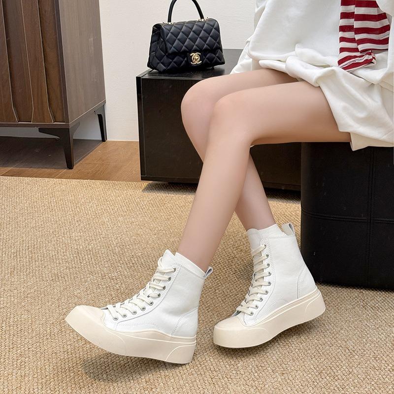 Sheepskin Version~ Thick Sole Design Sense Simple Invisible Height Increase Casual Shoes Women's New Lace-up Round Head High-top Shoes