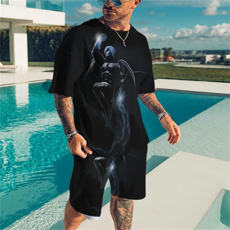 

Мужской летний 3D комплект с черепом для отдыха, модный, удобный, свободный, с цветными блоками и принтом, спортивная одежда 6XL