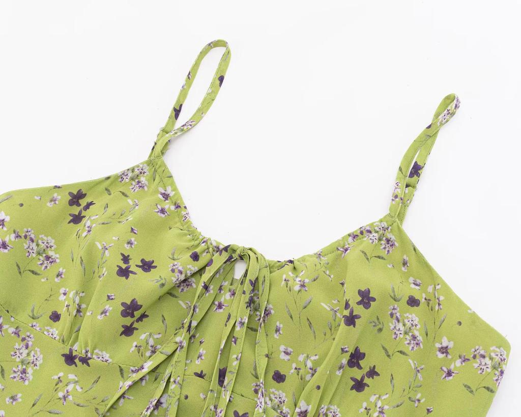 French Retro Green Floral V-Neck Cinched Waist Maxi Dress