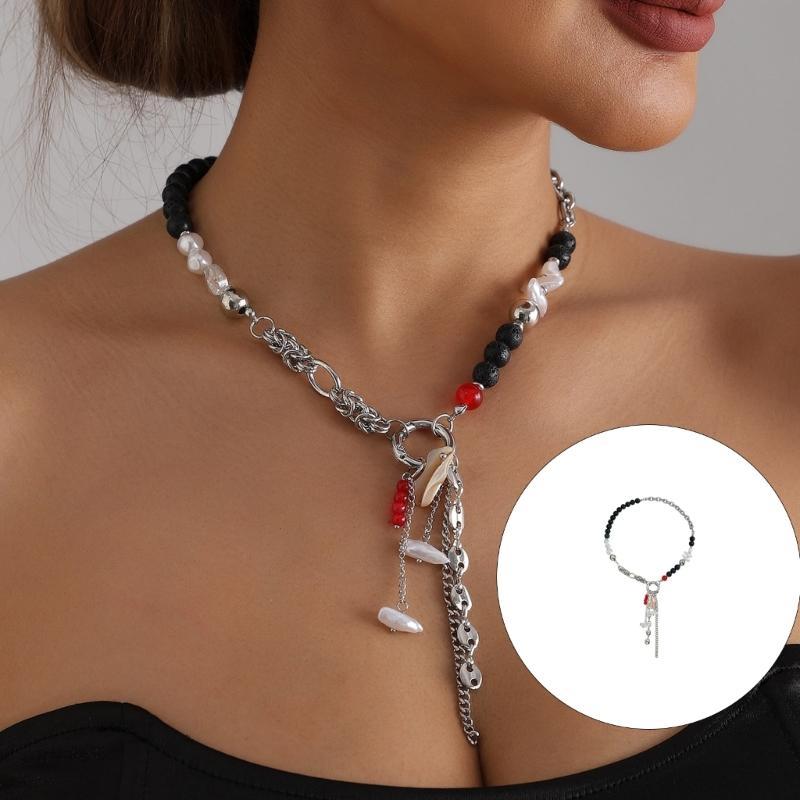 Trendy Multi Textured Resin And Imitation Pearls Necklace Lightweight Layering Chain Jewelry For Everyday Wear