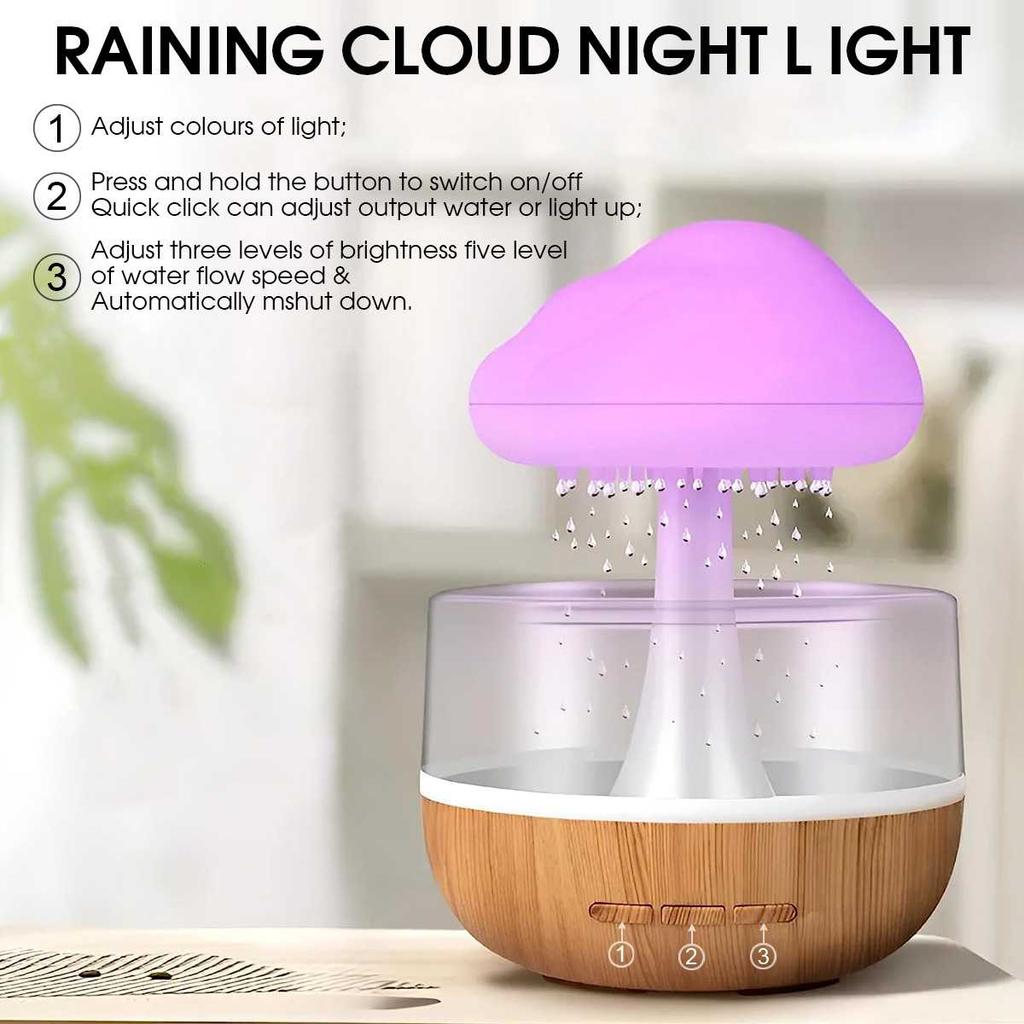 Umidificatore a Nuvola di Pioggia Lampada Atmosfera a Nuvola Colorata di Funghi Goccia di Pioggia Luce Notturna Piccola Macchina per Aromaterapia con Olio Essenziale