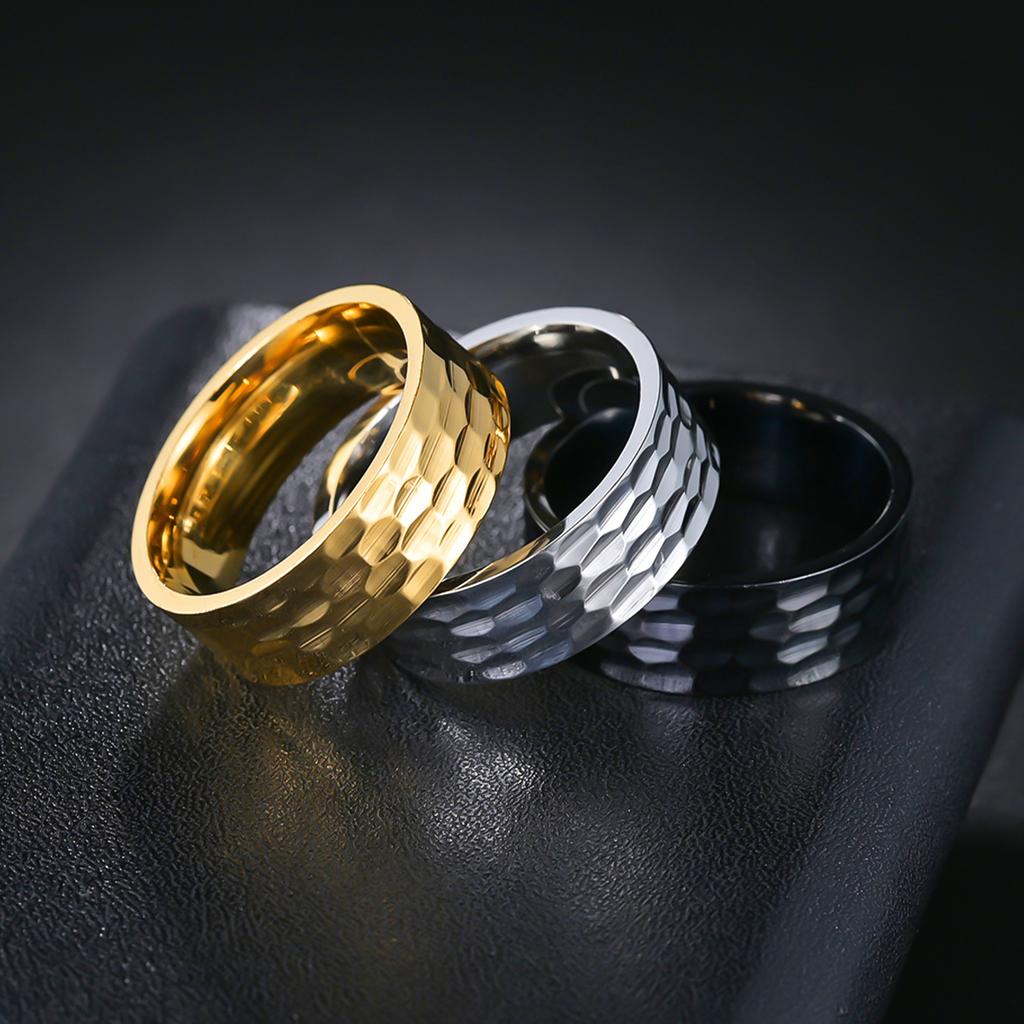 8MM Wide Vacuum European and American New Trendy Men's Titanium Steel Ring with Flower Hammering