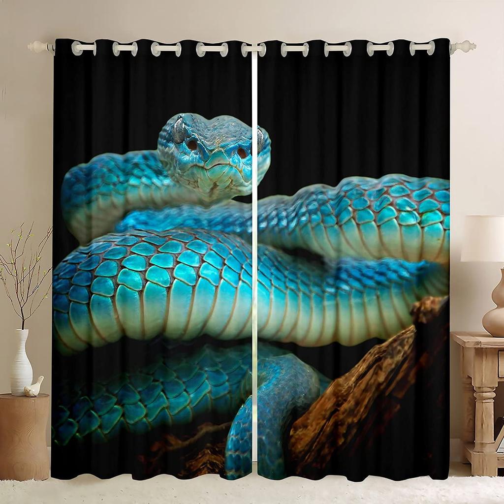 Snake Pattern Curtain Reptile Blackout Window Drapes Palm Leaf Wild Animal Stylish Curtains for Kids Boys Teens Man 2 Panels