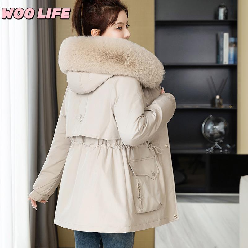 Parker Clothing Women's New Winter All-match Cotton Clothing Plus Velvet Hooded Jacket, Big Fur Collar, Warm Cotton Clothing, Women's Cold Protection